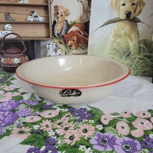 Vintage Cream Enamelware Basin with Red Rim
